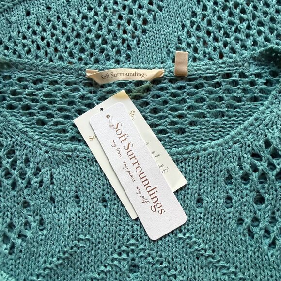 Boho Soft Surroundings Size L NEW Blue Crochet Knit Beachwalk 3/4 Sleeve Sweater - Picture 10 of 16